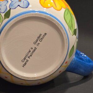 Caroline’s Garden Mug hand painted ceramic with bees, yellow roses, blue flowers